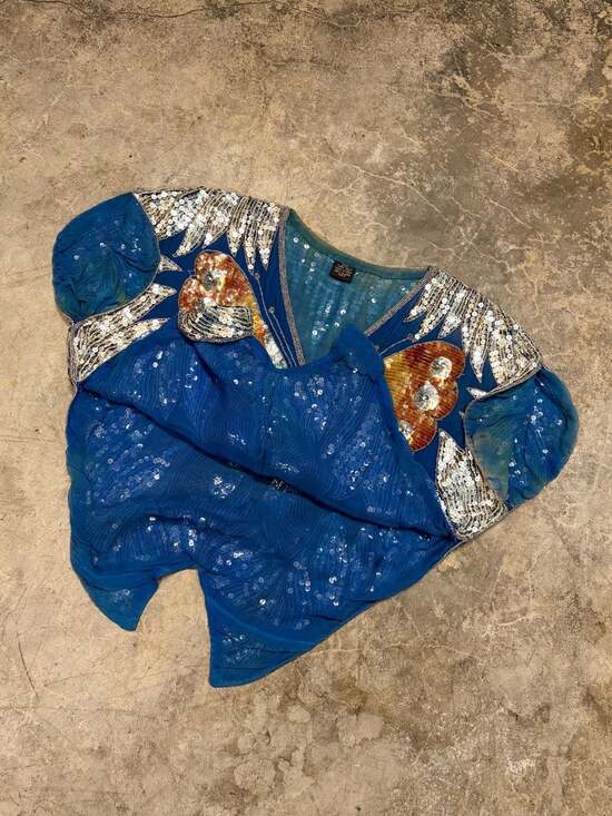 Y2K Sequin Butterfly Top Vintage 80s Disco with Flutter Sleeves 100% Silk Blue - Picture 5 of 8